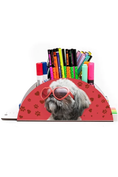 kutuTR Ahşap Vip Köpek Serisi Gökkuşağı Cetvelli Masaüstü Kalemlik Organizer Montajlı Kutulu ürün görseli 1