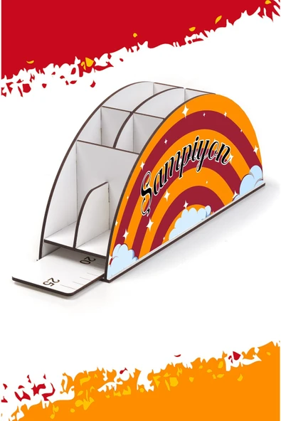 Notpa Ahşap Vip Sarı Kırmızı Gökkuşağı Cetvelli Masaüstü Kalemlik Organizer Vip113 - Resim 3