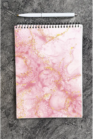 kutuTR Pembe Mermer Desenli Ahşap Mdf Kapaklı 80 Yaprak Çizgili 14x21 Vip Bloknot 70gr/m2 Ç-OB15 - Resim 4
