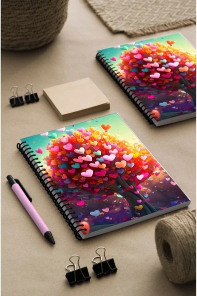 kutuTR Kalp Ağacı Desen Ahşap Mdf Kapaklı 100 Yaprak Çizgili 15x21 Vip Modelist Defter 80gr/m2 Ç501
