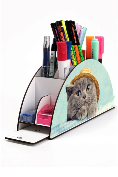 Notpa Ahşap Vip Şapkalı Kedi Gökkuşağı Cetvelli Masaüstü Kalemlik Organizer Vip124 ürün görseli 1