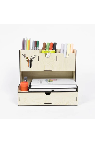 Notpa Çekmeceli Geyik Desenli Akçaağaç Masaüstü Kalemlik Organizer (KUTULU VE MONTAJI YAPILMIŞ) - Resim 2