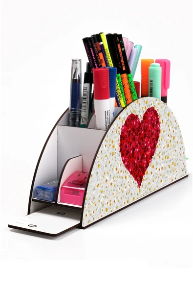 kutuTR Ahşap Vip Kalpler Seri Gökkuşağı Cetvelli Masaüstü Kalemlik Organizer Montajlı Kutulu ürün görseli 1