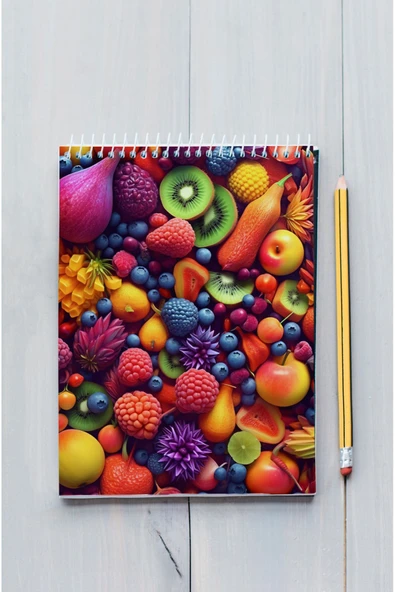 kutuTR Meyveler Desenli Ahşap Mdf Kapaklı 80 Yaprak Çizgili 14x21 Vip Bloknot 70gr/m2 Ç-OB07 - Resim 2