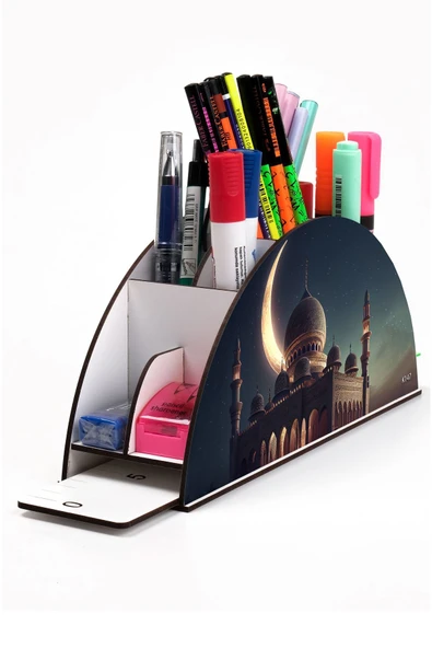 Notpa Ahşap Vip Medine Ve Hilal Gökkuşağı Cetvelli Masaüstü Kalemlik Organizer Vip147 ürün görseli 1