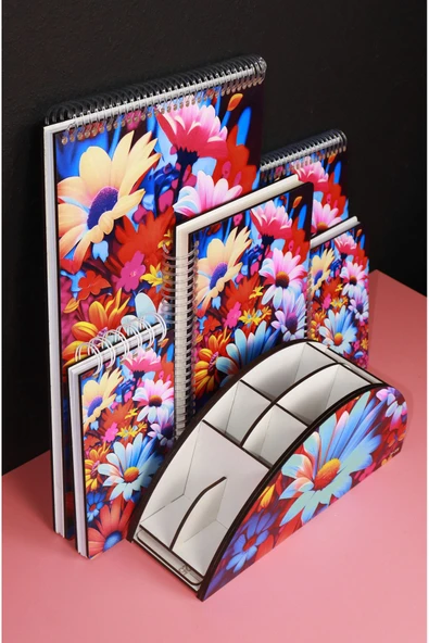 kutuTR Çiçek Desen Organizer ve Ahşap Mdf Kapaklı 5'li Defter Seti  (3 Bloknot 2 Modelist Defter)