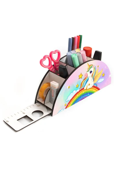 Notpa Ahşap Vip Yıldızlı Unicorn Gökkuşağı Cetvelli Masaüstü Kalemlik Çocuklar Için Organizer Vip54 - Resim 3