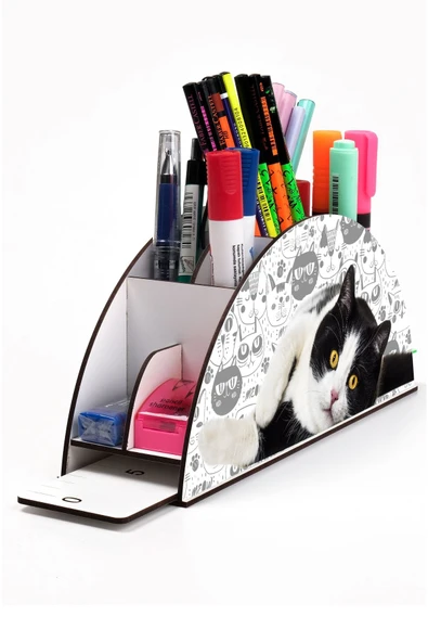 Notpa Ahşap Vip Siyah Beyaz Kedi Gökkuşağı Cetvelli Masaüstü Kalemlik Organizer Vip125 ürün görseli 1