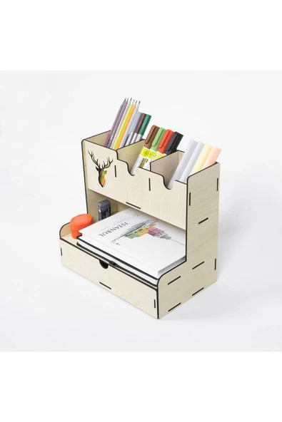 Notpa Çekmeceli Geyik Desenli Akçaağaç Masaüstü Kalemlik Organizer (KUTULU VE MONTAJI YAPILMIŞ) ürün görseli 1