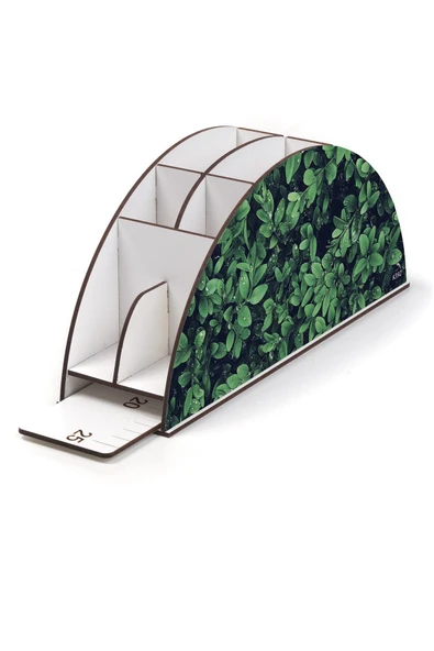 kutuTR Ahşap Vip Yaprak Serisi Gökkuşağı Cetvelli Masaüstü Kalemlik Organizer Montajlı Kutulu - Resim 3