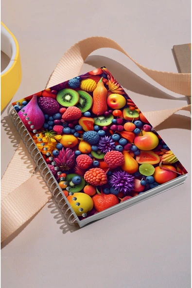 kutuTR Meyveler Desenli Ahşap Mdf Kapaklı 100 Yaprak Kareli 15x21 Vip Modelist Defter 80gr/m2 K507