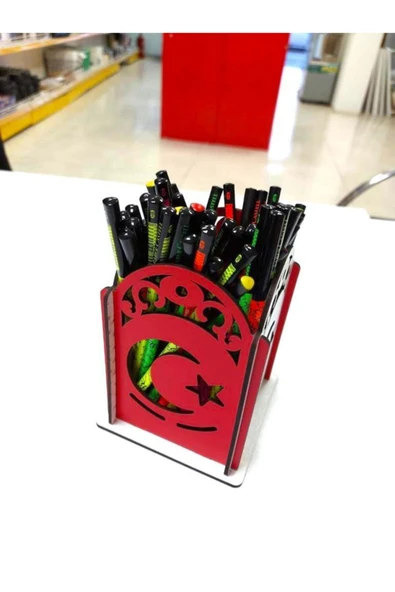 Notpa Ay Yıldız Desenli Kırmızı Beyaz Ahşap Masaüstü Kalemlik Organizer Montajı Yapılmış Ürün - Resim 3