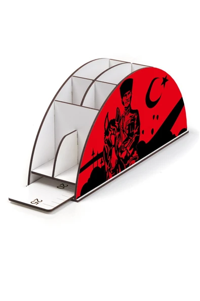 Notpa Ahşap Vip Atatürk Kırmızı Gökkuşağı Cetvelli Masaüstü Kalemlik Organizer Vip15 - Resim 3