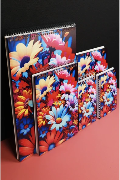 kutuTR Çiçek Desen Ahşap Mdf Kapaklı 5'li Defter Seti 06 (3 Bloknot 2 Modelist Defter) Çizgili