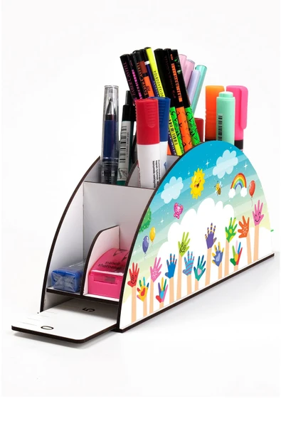 Notpa Ahşap Vip Renkli Eller Gökkuşağı Cetvelli Masaüstü Kalemlik Çocuklar Için Organizer Vip115 - Resim 2