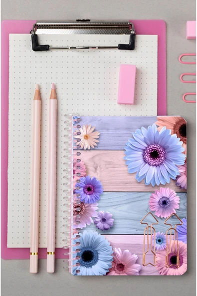 kutuTR Pembe Çiçek Desenli Ahşap Mdf Kapaklı 80 Yaprak Çizgili 10x14 Vip Modelist Defter 80gr/m2 Ç-A603 - Resim 3