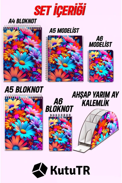 kutuTR Çiçek Desen Organizer ve Ahşap Mdf Kapaklı 5'li Defter Seti  (3 Bloknot 2 Modelist Defter) - 5