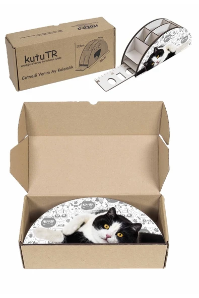Notpa Ahşap Vip Siyah Beyaz Kedi Gökkuşağı Cetvelli Masaüstü Kalemlik Organizer Vip125 - Resim 8