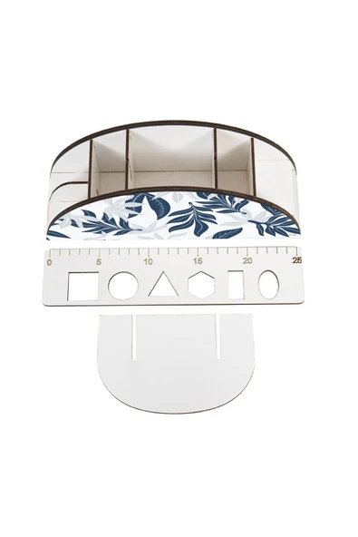 kutuTR Ahşap Vip Yaprak Serisi Gökkuşağı Cetvelli Masaüstü Kalemlik Organizer Montajlı Kutulu - Resim 4