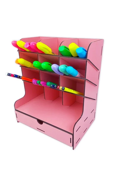 kutuTR Çapraz 9 Bölmeli Çekmeceli Masaüstü Kalemlik Organizer Pembe Renk Montajı Yapılmış Ürün - Resim 2