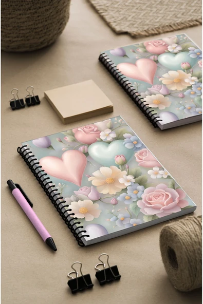 kutuTR Kalp ve Gül Desenli Ahşap Mdf Kapaklı 100 Yaprak Kareli 14x21 Vip Modelist  Defter 80gr/m2 K505 - Resim 2