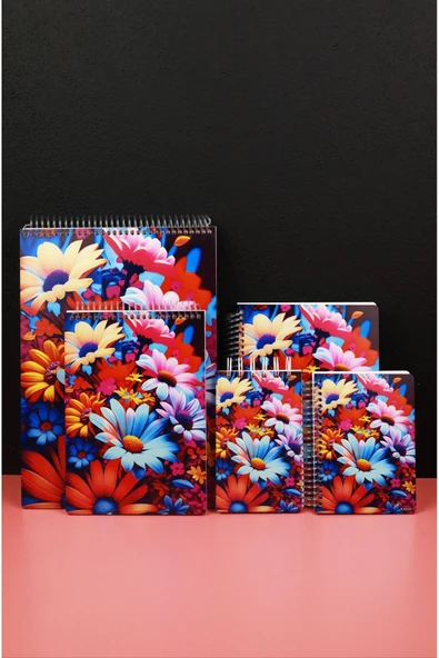 kutuTR Çiçek Desen Ahşap Mdf Kapaklı 5'li Defter Seti 06 (3 Bloknot 2 Modelist Defter) Çizgili - 4