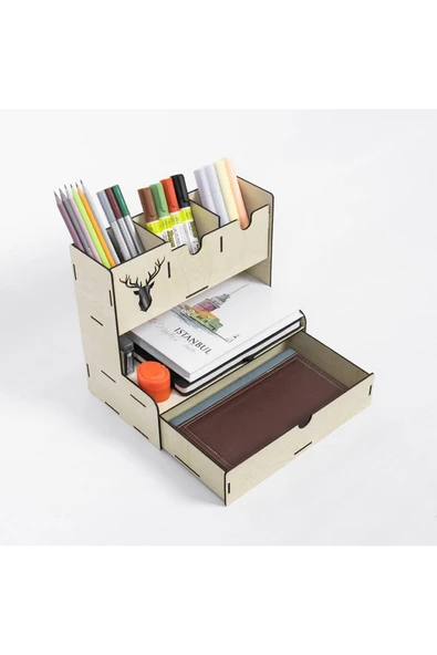 Notpa Çekmeceli Geyik Desenli Akçaağaç Masaüstü Kalemlik Organizer (KUTULU VE MONTAJI YAPILMIŞ) - Resim 3