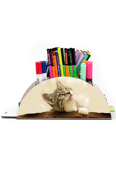 Notpa Ahşap Vip Kedi Gökkuşağı Cetvelli Masaüstü Kalemlik Organizer Vip123 - Resim 2