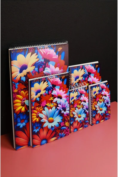 kutuTR Çiçek Desen Ahşap Mdf Kapaklı 5'li Defter Seti 06 (3 Bloknot 2 Modelist Defter) Çizgili - 3