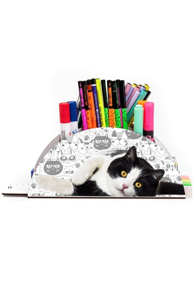 Notpa Ahşap Vip Siyah Beyaz Kedi Gökkuşağı Cetvelli Masaüstü Kalemlik Organizer Vip125 - Resim 2