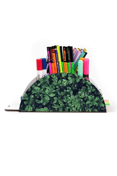 kutuTR Ahşap Vip Yaprak Serisi Gökkuşağı Cetvelli Masaüstü Kalemlik Organizer Montajlı Kutulu - Resim 2