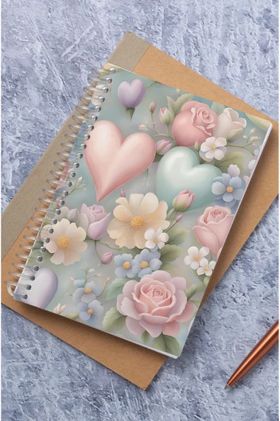 kutuTR Kalp ve Gül Desenli Ahşap Mdf Kapaklı 100 Yaprak Kareli 14x21 Vip Modelist  Defter 80gr/m2 K505 - Resim 5