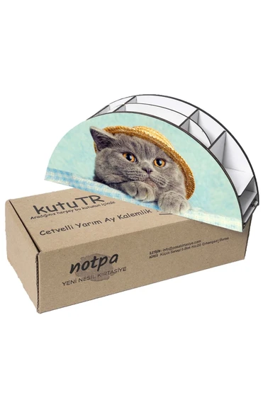 Notpa Ahşap Vip Şapkalı Kedi Gökkuşağı Cetvelli Masaüstü Kalemlik Organizer Vip124 - Resim 6
