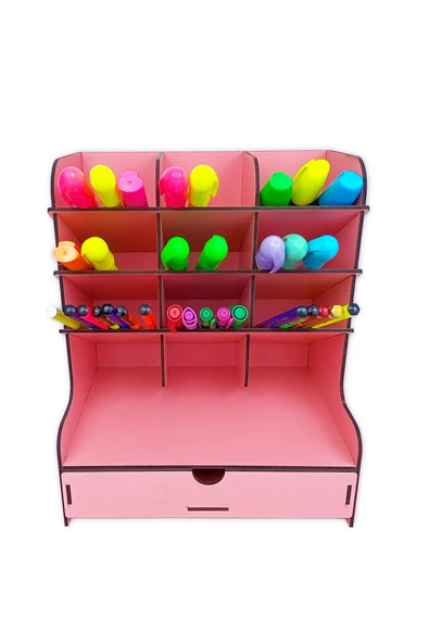 kutuTR Çapraz 9 Bölmeli Çekmeceli Masaüstü Kalemlik Organizer Pembe Renk Montajı Yapılmış Ürün ürün görseli 1