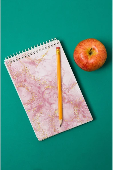 kutuTR Pembe Mermer Desenli Ahşap Mdf Kapaklı 80 Yaprak Çizgili 14x21 Vip Bloknot 70gr/m2 Ç-OB15 - Resim 3