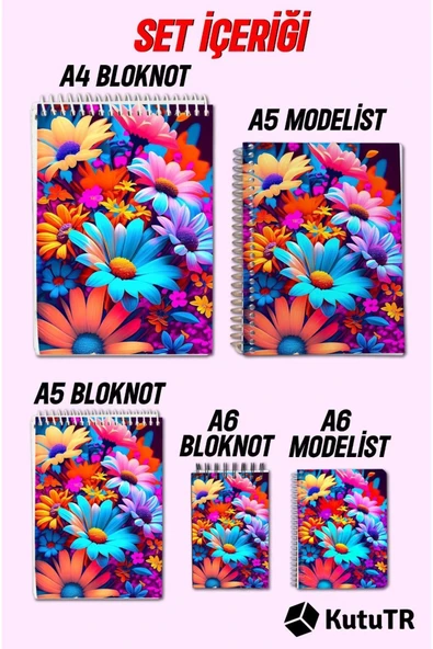 kutuTR Çiçek Desen Ahşap Mdf Kapaklı 5'li Defter Seti 06 (3 Bloknot 2 Modelist Defter) Çizgili - 5