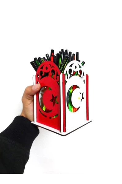 Notpa Ay Yıldız Desenli Kırmızı Beyaz Ahşap Masaüstü Kalemlik Organizer Montajı Yapılmış Ürün - Resim 6