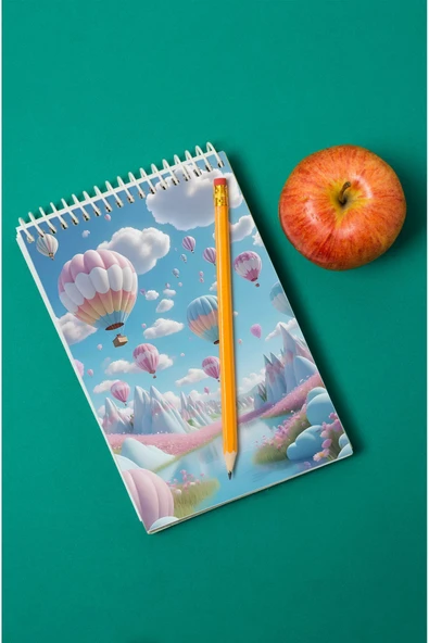 kutuTR Uçan Balon Desen Ahşap Mdf Kapaklı 80 Yaprak Çizgili 14x21 Vip Bloknot 70gr/m2 Ç-OB02