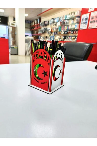Notpa Ay Yıldız Desenli Kırmızı Beyaz Ahşap Masaüstü Kalemlik Organizer Montajı Yapılmış Ürün - Resim 5