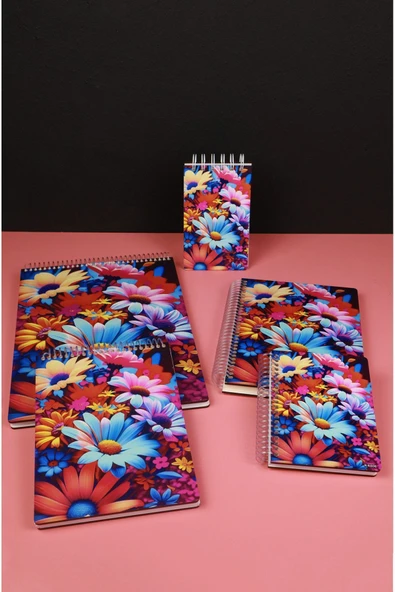 kutuTR Çiçek Desen Ahşap Mdf Kapaklı 5'li Defter Seti 06 (3 Bloknot 2 Modelist Defter) Çizgili - 2