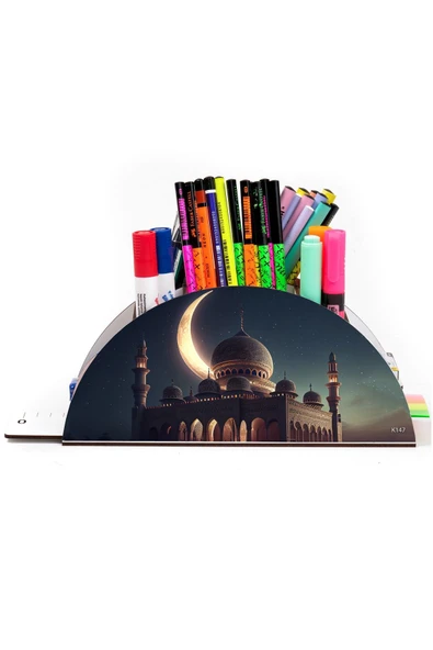 Notpa Ahşap Vip Medine Ve Hilal Gökkuşağı Cetvelli Masaüstü Kalemlik Organizer Vip147 - Resim 2