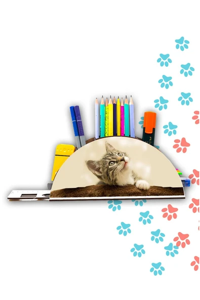Notpa Ahşap Kedi Gökkuşağı Cetvelli Masaüstü Kalemlik Kutu Çocuklar Için Organizer Gk123 - Resim 2