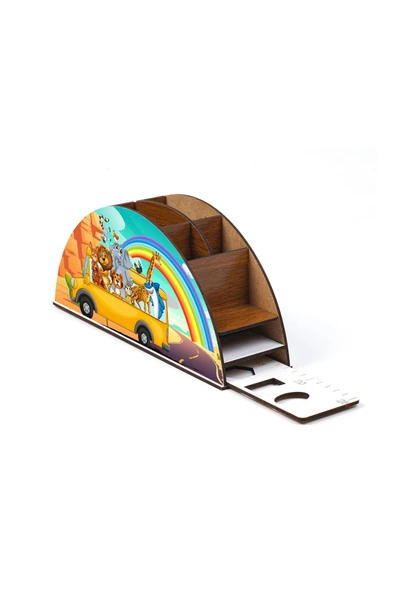 Notpa Ahşap Hayvanlar Otobüste Gökkuşağı Cetvelli Masaüstü Kalemlik Kutu Çocuklar Için Organizer Gk4 - Resim 5