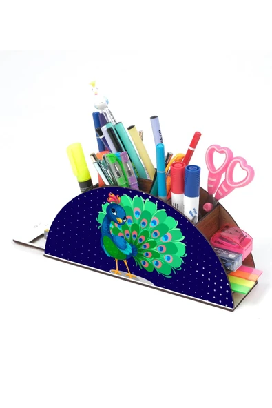 Notpa Ahşap Tavus Kuşu Gökkuşağı Cetvelli Masaüstü Kalemlik Kutu Çocuklar Için Organizer Gk12 - Resim 2