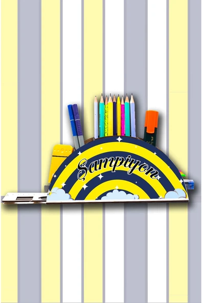 Notpa Ahşap Sarı Lacivert Gökkuşağı Cetvelli Masaüstü Kalemlik Kutu Çocuklar Için Organizer Gk112 - Resim 2