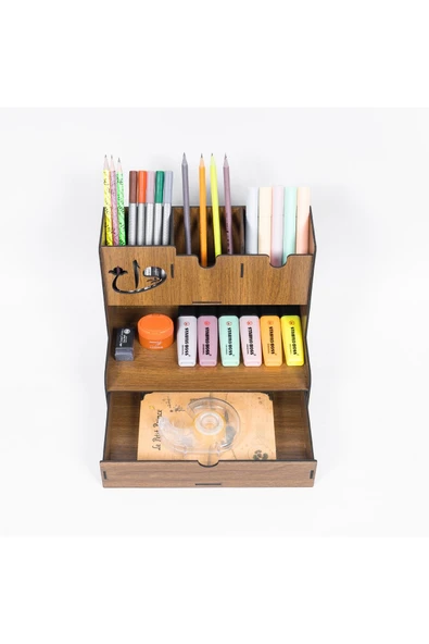 Notpa Çekmeceli Elif Vav Fiğürlü Masaüstü Kalemlik Organizer Ceviz Montajı Yapılmış Ürün - Resim 2