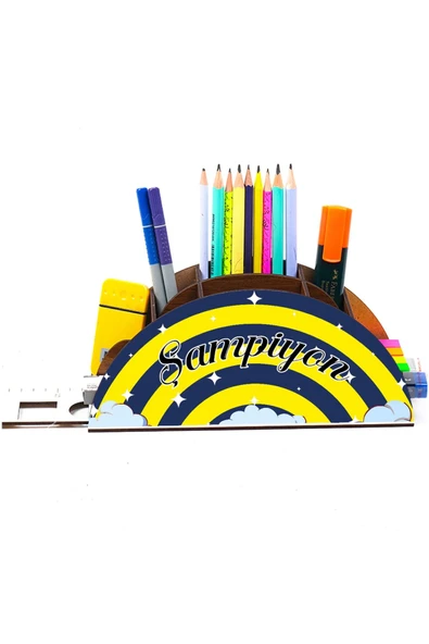 Notpa Ahşap Sarı Lacivert Gökkuşağı Cetvelli Masaüstü Kalemlik Kutu Çocuklar Için Organizer Gk112 - Resim 5
