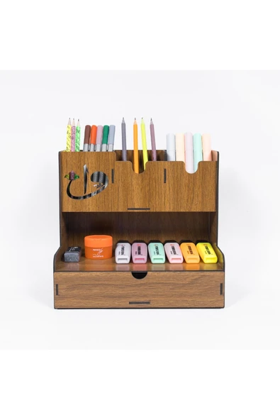 Notpa Çekmeceli Elif Vav Fiğürlü Masaüstü Kalemlik Organizer Ceviz Montajı Yapılmış Ürün - Resim 3