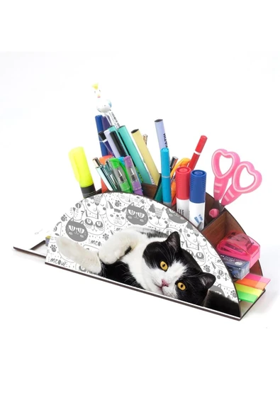 Notpa Ahşap Siyah Beyaz Kedi Gökkuşağı Cetvelli Masaüstü Kalemlik Kutu Çocuklar Için Organizer Gk125 - Resim 3