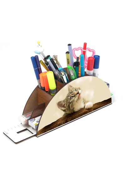 Notpa Ahşap Kedi Gökkuşağı Cetvelli Masaüstü Kalemlik Kutu Çocuklar Için Organizer Gk123 - Resim 4